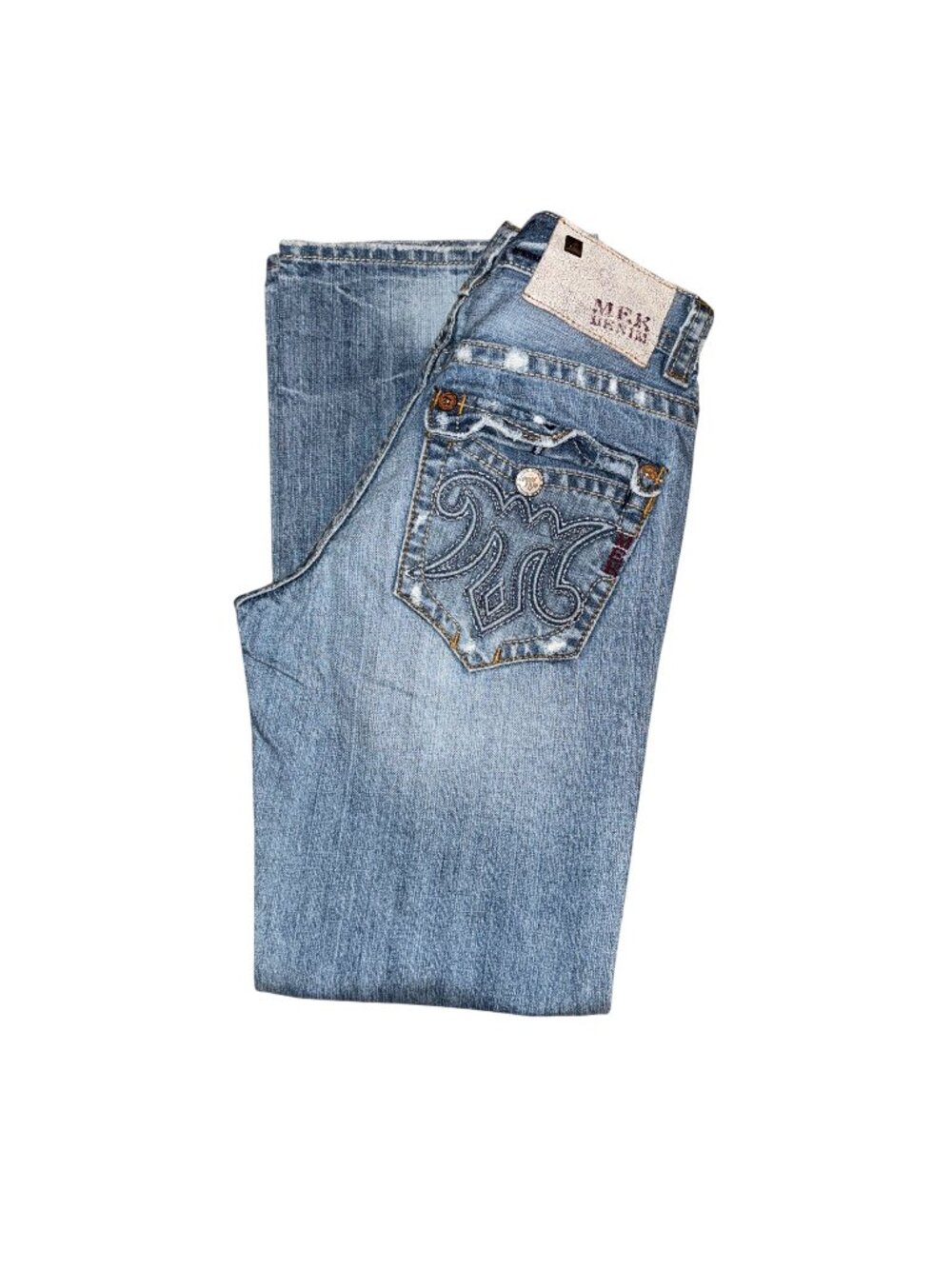 MEK Denim Mazatlan Boot Cut Mens Jeans 30 33 Light Wash Distressed Frayed